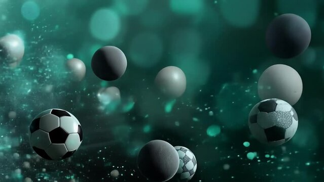 Banner with soccer balls of various sizes floating in space against the backdrop of a green field.
Concept: sporting events, video screensaver posters