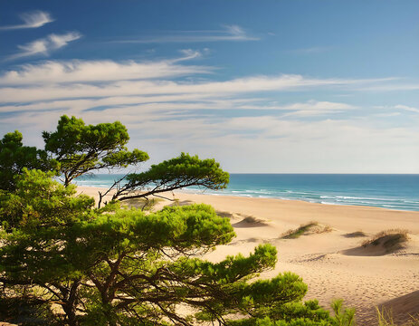 Sandy Beach Lined with Palm Trees Under a Sunny Blue Sky