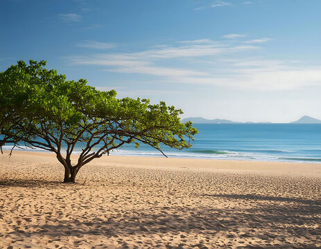Sandy Beach Lined with Palm Trees Under a Sunny Blue Sky