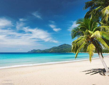 Sandy beach lined with palm trees under a sunny blue sky.