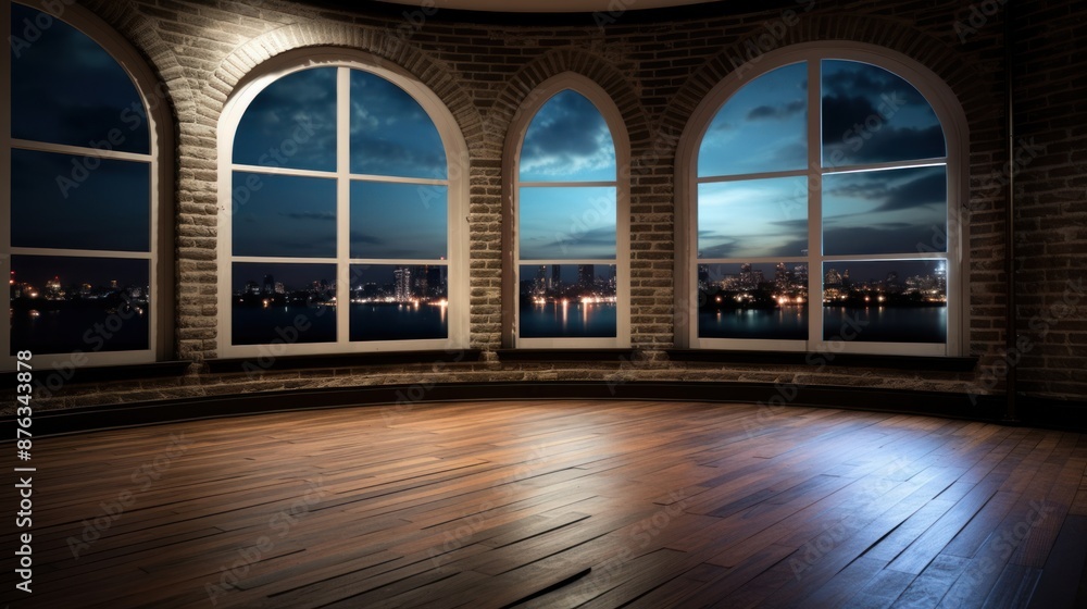 Wall mural empty room with large windows overlooking the night city.