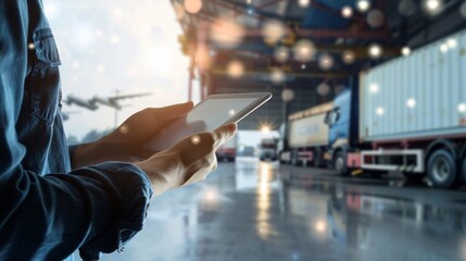 A logistics manager who uses a tablet to track shipments by various modes of transport, including trucks, ships and airplanes.