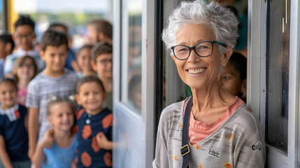 Smiling Teacher Greets Students at School Entrance in the Sun