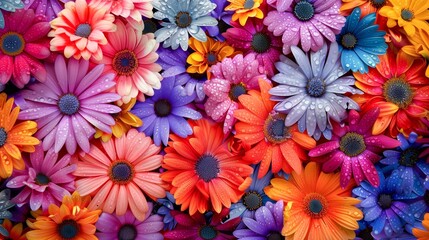 Fototapeta premium A vibrant array of colorful daisies, glistening with dew, showcases the beauty and diversity of nature's blooms.