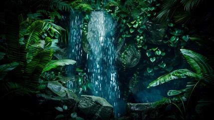 A cascading waterfall, surrounded by lush, tropical foliage, flows over moss-covered rocks in a serene, sunlit grotto.