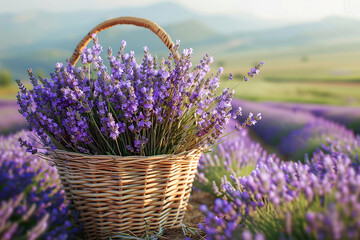 Basket with lavender flowers on lavender field background © Alina