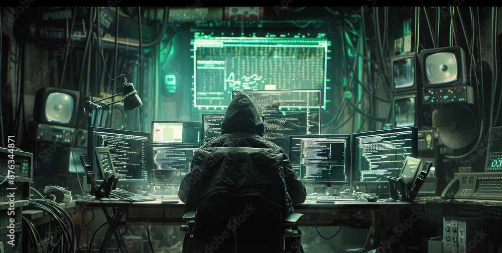 Poster hacker in hooded jacket working at desk with multiple monitors in a dark room