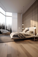 A minimalist bedroom design featuring sleek wooden flooring, modern pendant lighting, and large windows that allow natural light to flood in. The simple white bed and cozy corner chair add luxury 