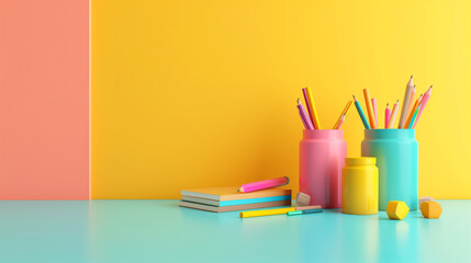 Fototapeta premium Back to school colorful background. School supplies, book, colored pencils for school learning. Concept of education and creativity. 3D