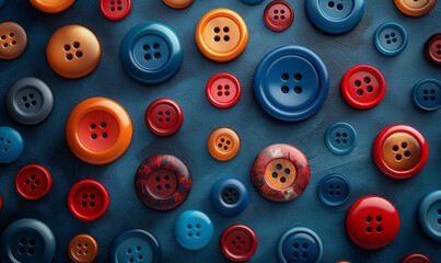 Fototapeta premium Various colored buttons on blue background.