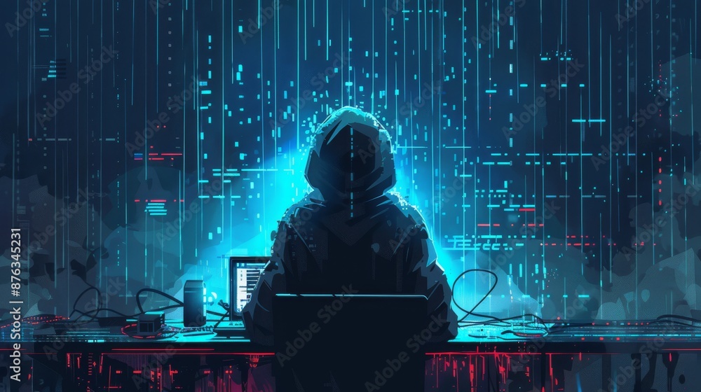 Aufkleber hacker silhouette with holographic interface in dark room, working on computer