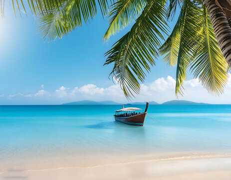 Sandy Beach Lined with Palm Trees Under a Sunny Blue Sky