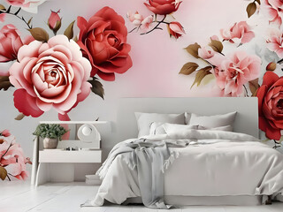 3d floral mural wallpaper with red, rose simple floral painting light gray background. drawing modern flowers for interior bedroom decor