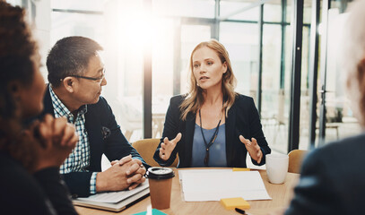 Office, meeting and business people with documents in discussion for negotiation, proposal and...