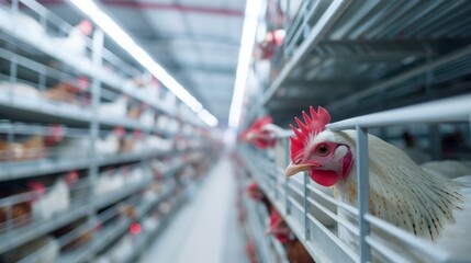 A poultry farm with rows of chickens in climate-controlled enclosures on a simple background, around which there is enough space for text.