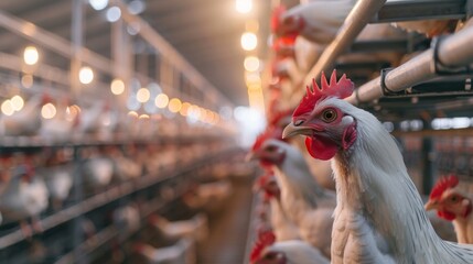 A poultry farm with rows of chickens in climate-controlled enclosures on a simple background, around which there is enough space for text.