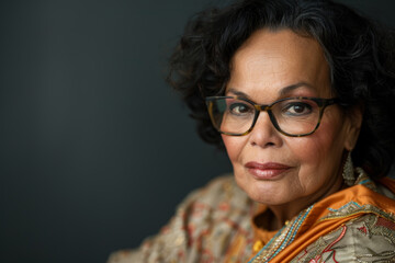 Obraz premium Close-up portrait of a middle aged woman of Middle Eastern descent, studio photo, against a sleek gray studio backdrop