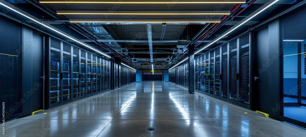 Poster modern data center with rows of server racks and advanced technology infrastructure