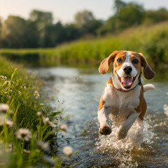 a dog running in the river, happy dog