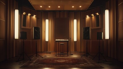 Naklejka premium Recording studio setup with a focus on audio equipment, including a keyboard, speakers, and studio monitors, set against a backdrop of wooden panels and ambient lighting