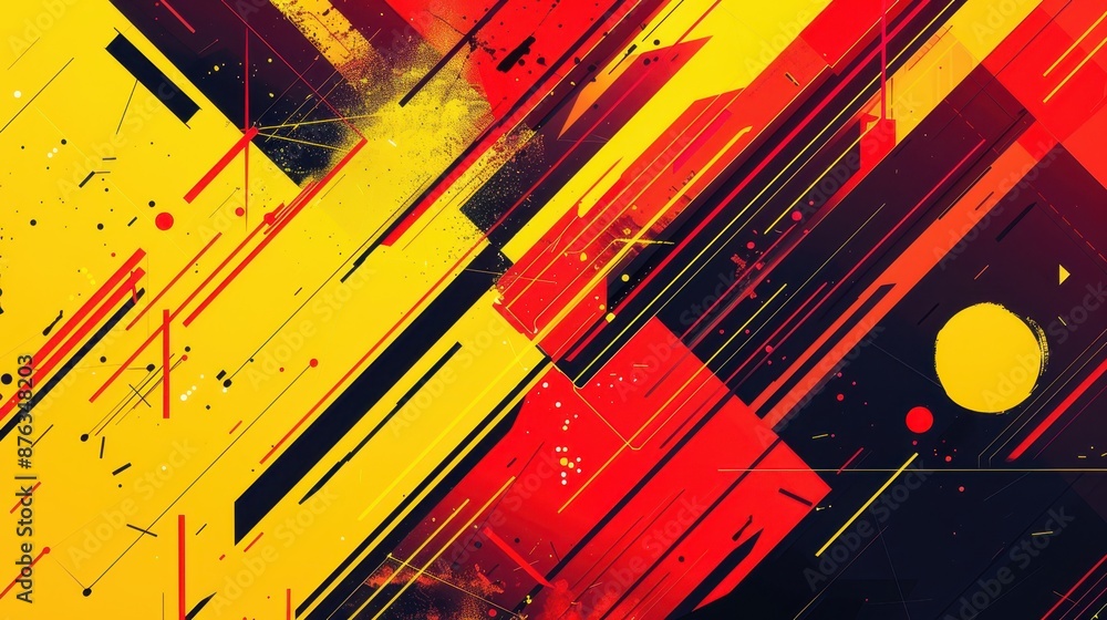Poster vibrant abstract design featuring geometric shapes, such as rectangles and squares, in a dynamic arr