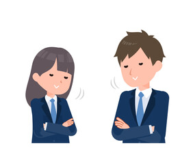 紺色のブレザーを着た学生男女。「あいつはわかってる」という頷き。