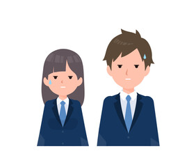 紺色のブレザーを着た学生男女。不信感、呆れる、困惑。