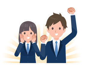 紺色のブレザーを着た学生男女。感動、感激、喜ぶ。