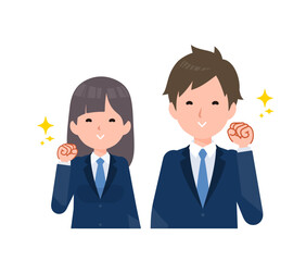紺色のブレザーを着た学生男女。嬉しい、喜ぶ。