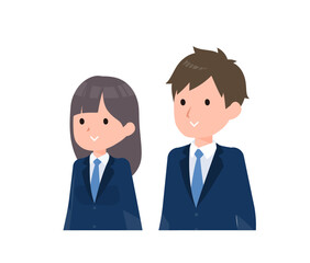 紺色のブレザーを着た学生男女。普通の表情、微笑み。斜め向き。