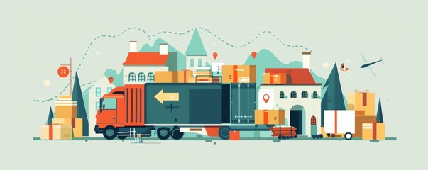 Colorful illustration of an airport with a plane, truck, buildings, and clouds.
