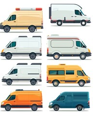 Set of eight different delivery vans in various colors