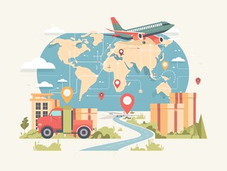 Global logistics concept with truck, airplane, map and buildings.