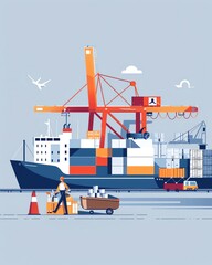 Fototapeta premium A worker loading containers onto a cargo ship at a busy port.