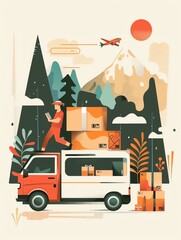 Obraz premium Delivery truck with mountains, plane, and delivery person on top with boxes.