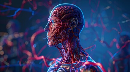 Detailed 3D rendering of a human body with an intricate network of veins and arteries