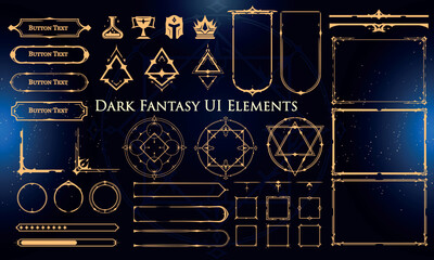 Set of Dark Fantasy Elements for user interface, poster, video. Fantasy magic HUD. Template for rpg game interface. Vector Illustration EPS10