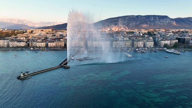 Aerial view at Geneva Water Fountain in Geneva Lake, Switzerland.