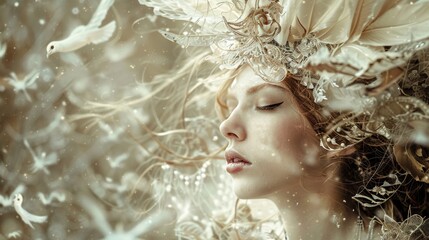 Fototapeta premium Ethereal Woman with Feather Headdress and Doves