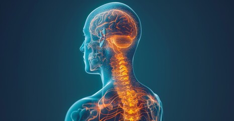 3D render of human body with glowing brain and spinal cord in blue and orange lighting