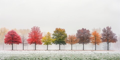 Naklejka premium Four Seasons in a Single Frame: A Row of Trees Transitioning Through the Year Wallpaper
