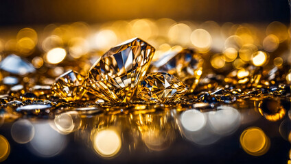 several gemstones, diamonds, placed on a reflective golden surface with vibrant lighting that creates colorful reflections