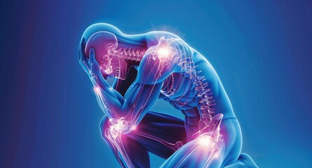 3D illustration of a human body experiencing joint pain with highlighted areas