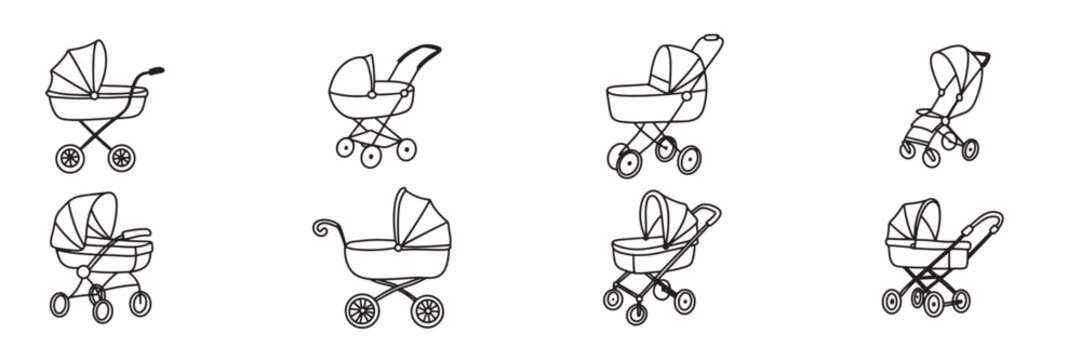 Collection stroller isolated in doodle style. Hand drawn vector art. 