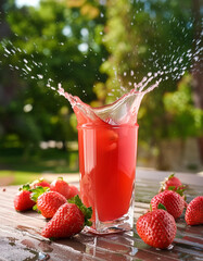 Strawberry fruit juice depicted with a blurred backdrop with splashes