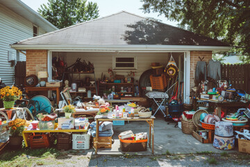 Suburban garage sale full of tools and vintage finds