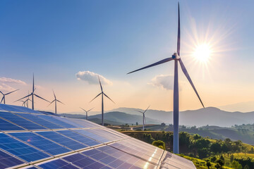 Sustainable energy landscape with solar panels and wind turbines
