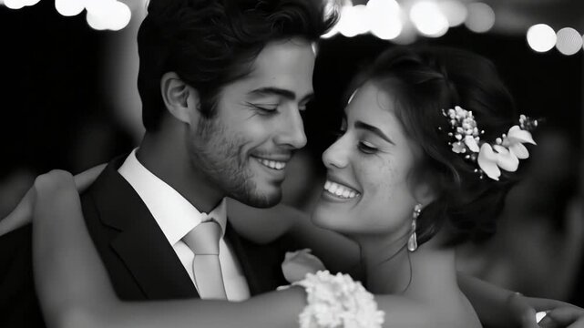 Black and white photograph of a smiling couple in love dancing in each other's arms against the backdrop of night lighting.