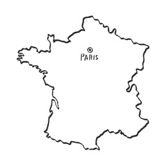 手描きのシンプルでおしゃれなフランスの白地図 - 首都パリの位置をマークした線画マップ