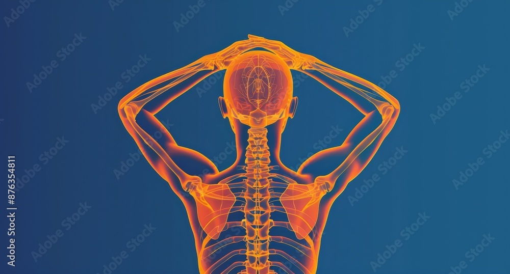 Aufkleber 3d rendering of human skeleton with nervous system visualization and arms raised behind head